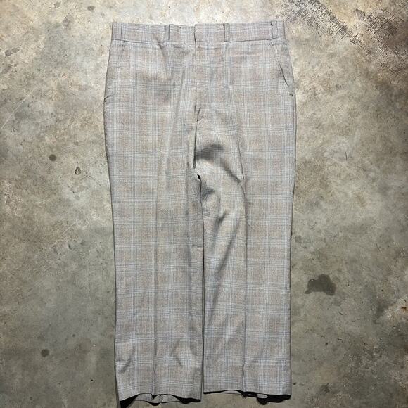 Vintage 70s Unbranded Tan/Blue Plaid Talon Trousers 36x28 - Picture 1 of 4